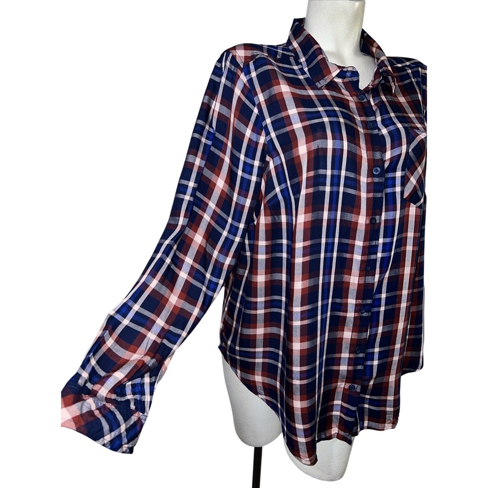 Torrid Womens Plus Size 1 Navy Blue Burgundy Plaid Rayon Button Down Shirt Top - Picture 3 of 8
